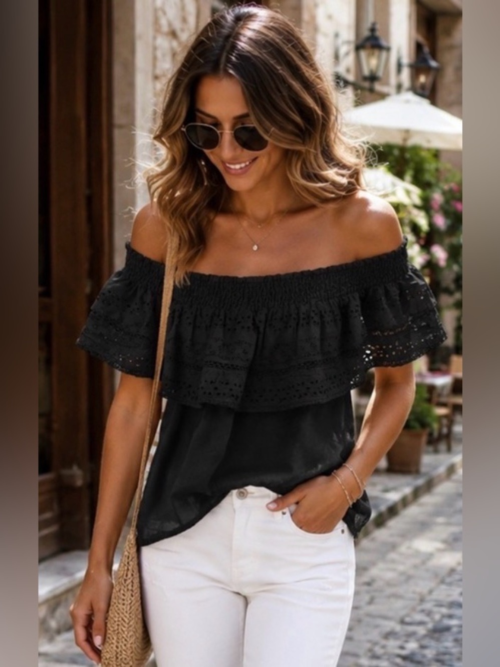SOFIA VERGARA Off-Shoulder Black Cotton Eyelet Ruffle Top Sz S Feminine Festival